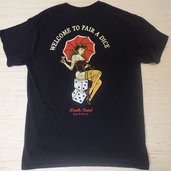 Death Coast Supply Graphic T-Shirt Men’s Medium – Pin-Up Girl Dice Print Black - Picture 1 of 4